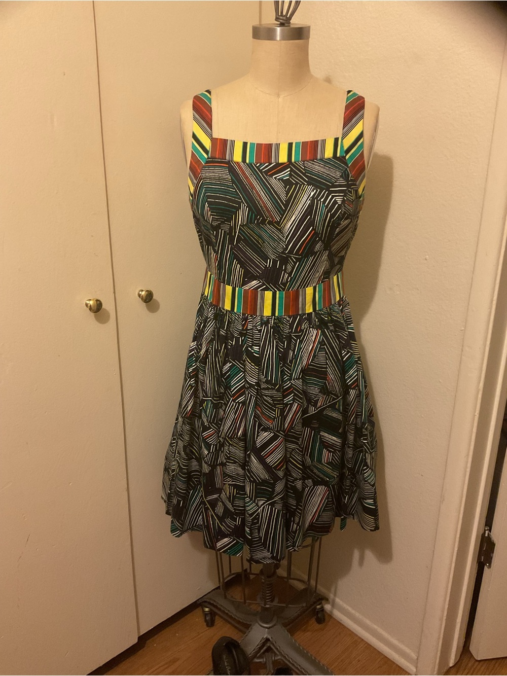 Black Geometric-Print Square-Neck Mini Dress with Multicolor Trim